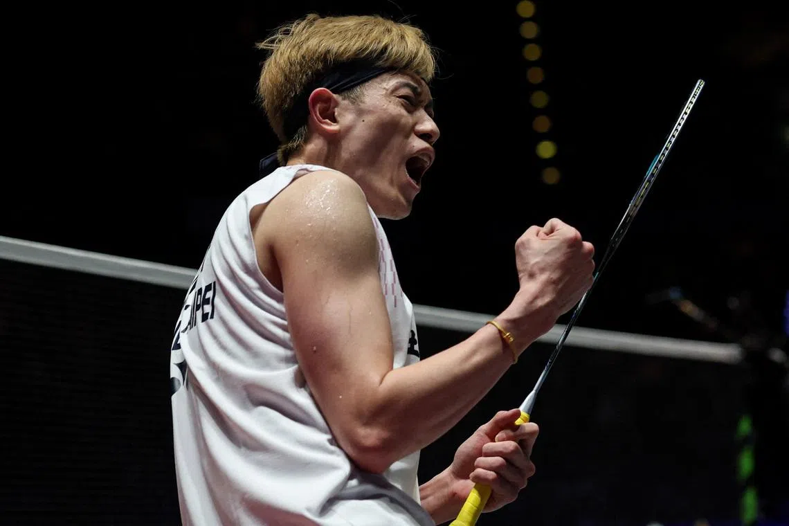 Badminton - BWF World Tour - Super 1000 - All England Open - Utilita Arena Birmingham, Birmingham, Britain - March 7, 2026 Taiwan's Lin Chun-Yi celebrates winning his semi final match against Thailand's Kunlavut Vitidsarn Action Images via Reuters/Paul Childs