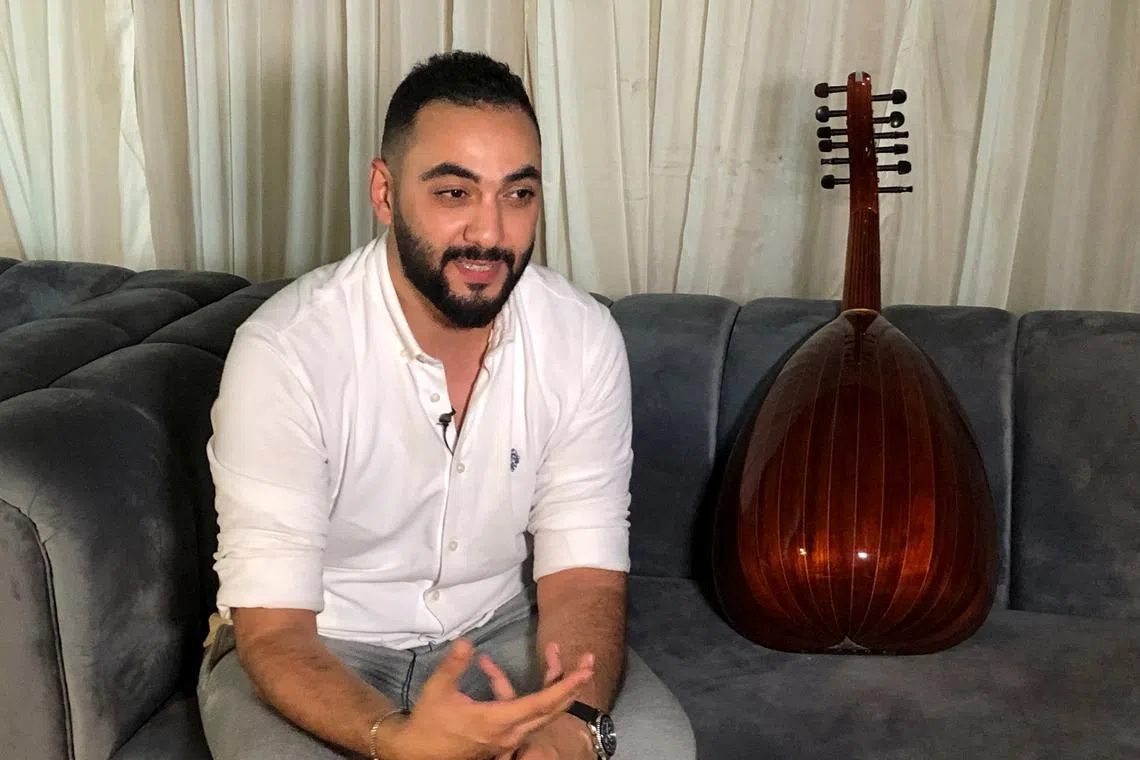 Palestinian musician and oud player Raouf Belbeisi speaks during an interview with Reuters, after he took part in organising a community event, introducing Gazan musicians who fled to Egypt to the country's local industry and helping them restart their careers, at the Cairo Citadel, Cairo, Egypt July 27, 2024. REUTERS/Sherif Fahmy