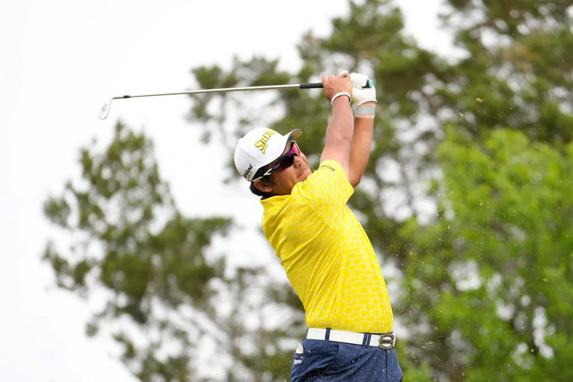 Hideki Matsuyama of Japan plays his tee shot on the 13th hole during the final round of the Valero Texas Open at TPC San Antonio on April 7, 2024.