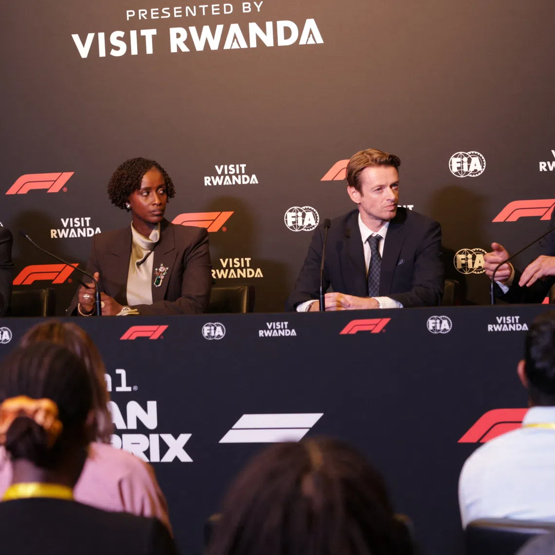 Formula One F1 - Formula One Press Conference - BK Arena - Kigali, Rwanda - October 13, 2026 Jean-Guy Afrika, CEO of the Rwanda Development Board, Nelly Mukayzayire, Minister of Sport of Rwanda, Carsten Tilke, Managing Director of Tilke GmbH & Co. KG and Former F1 driver Alex Wurz during the press conference after Formula 1 officially announced a 10-year agreement to host the African Grand Prix in Rwanda, marking the sport's first return to the African continent since 1993 REUTERS/Jean Bizimana