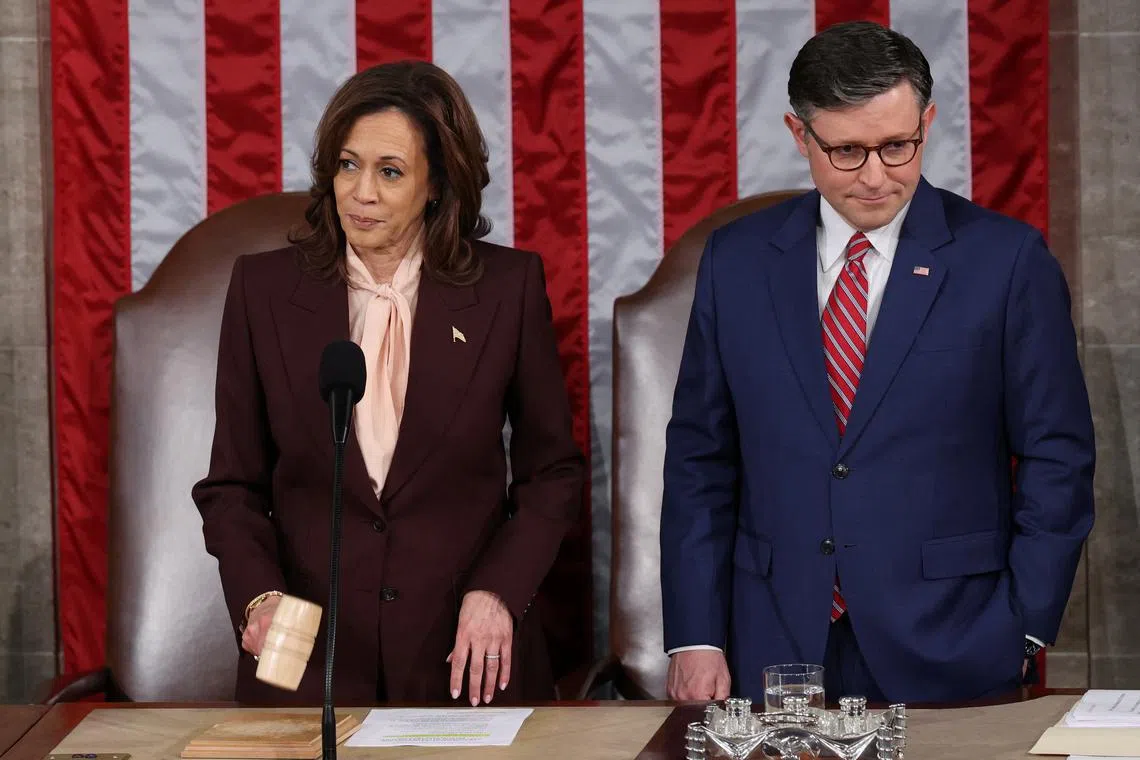 U.S. Vice President Kamala Harris and Speaker of the House Mike Johnson (R-LA) attend a joint session of Congress to certify Donald Trump's election, at the U.S. Capitol in Washington, U.S. January 6, 2025. REUTERS/Evelyn Hockstein