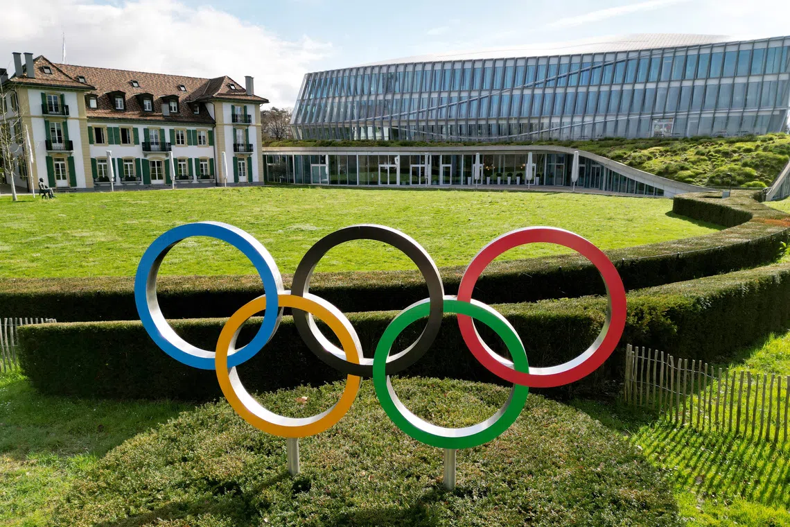 Drone view of the Olympic rings in front to International Olympic Committee (IOC) headquarters in Lausanne, Switzerland, March 19, 2024. REUTERS/Denis Balibouse