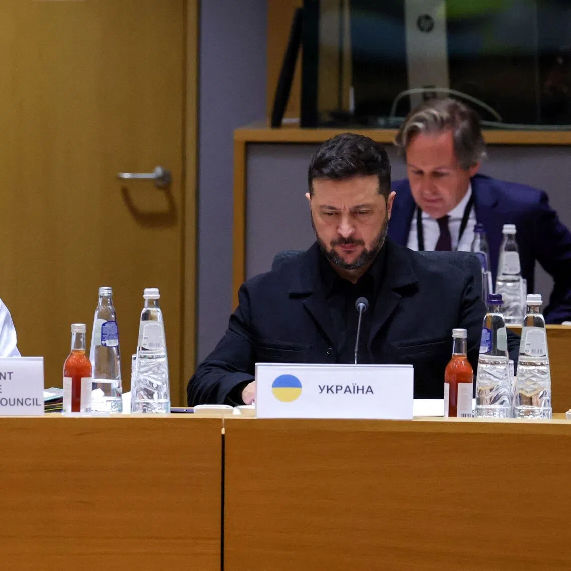 European Council president Antonio Costa and Ukrainian President Volodymyr Zelensky at an EU summit in Brussels on Oct 23.