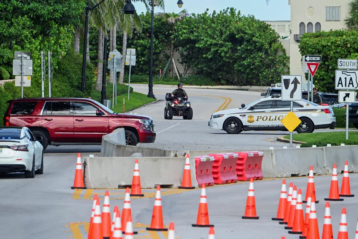 Law enforcement guards surround Mar-A-Lago, Donald Trump's residence, after an apparent assassination attempt on him at his Florida golf course, in Palm Beach, on Sept 16.