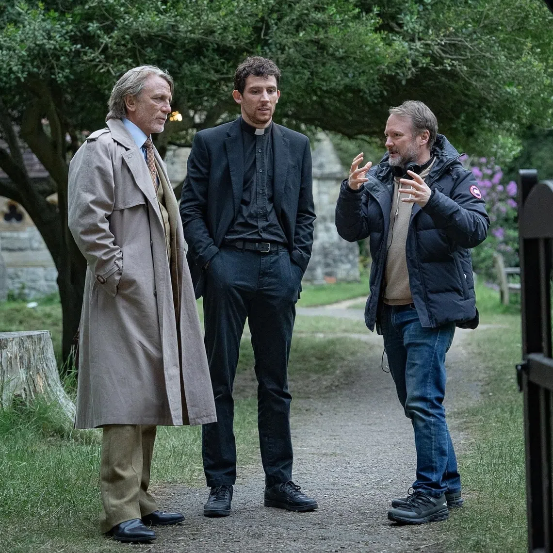 (From left) Daniel Craig, Josh O’Connor and writer-director Rian Johnson on the set of Wake Up Dead Man: A Knives Out Mystery.