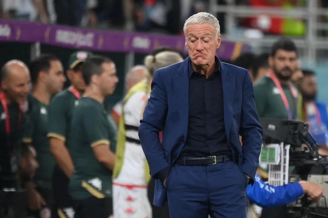 France coach Didier Deschamps reacting after Antoine Griezmann's goal was disallowed in their game against Tunisia. 