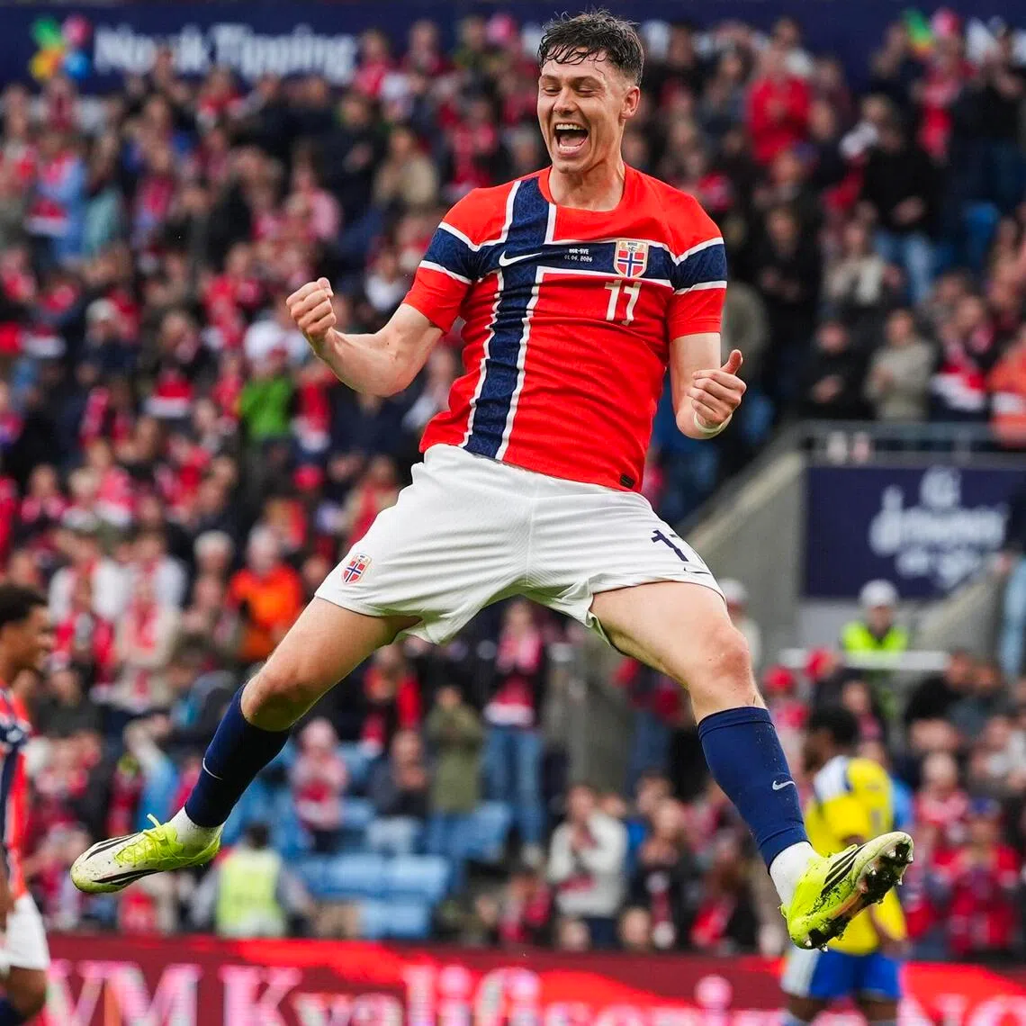 Jorgen Strand Larsen celebrates scoring his second goal in Norway's 3-1 international friendly win over Sweden at the Ullevaal Stadion
 in Oslo on June 1, 2026.