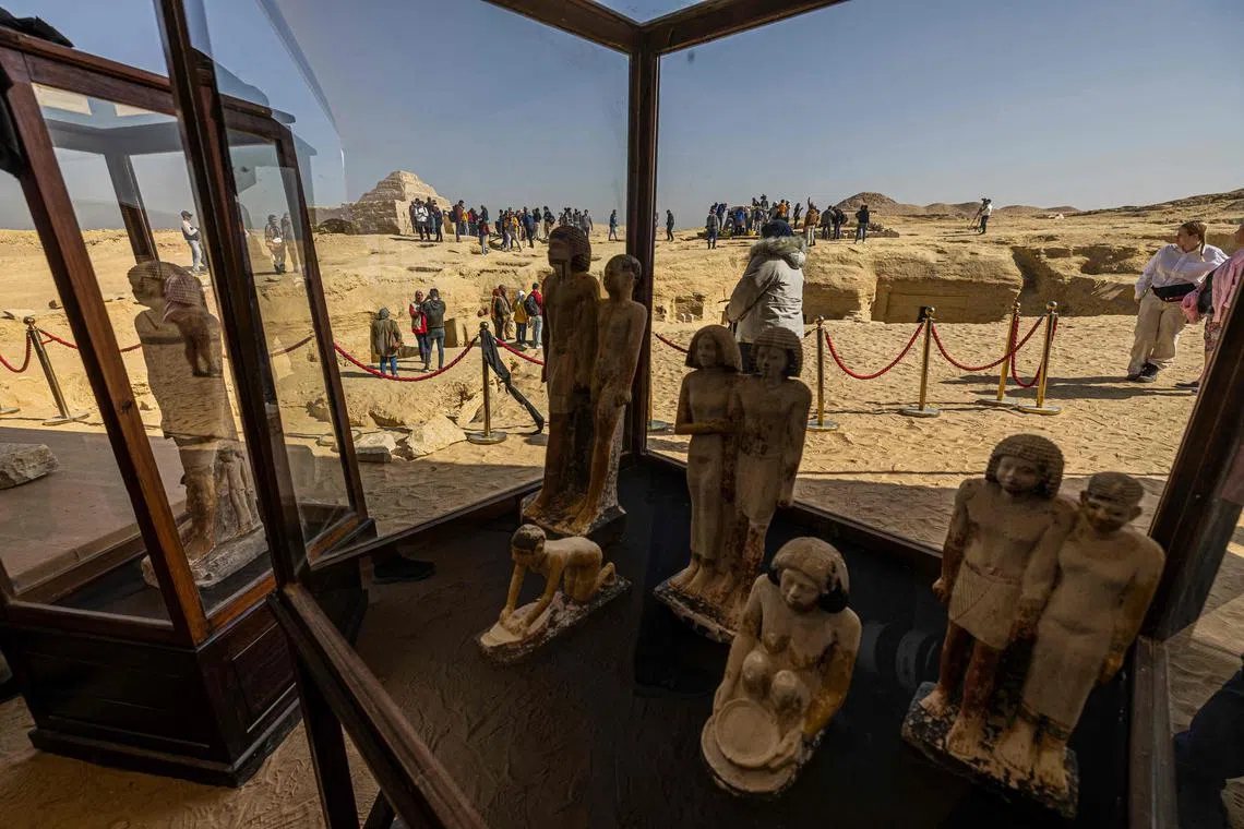 A collection of pharaoh statues is on display at the Saqqara necropolis, south of Cairo, on Jan 26, 2023.