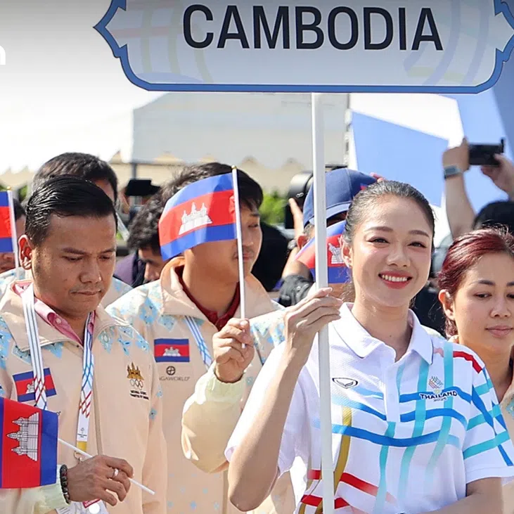 The NagaWorld logo appeared on the jackets worn by Cambodian athletes.