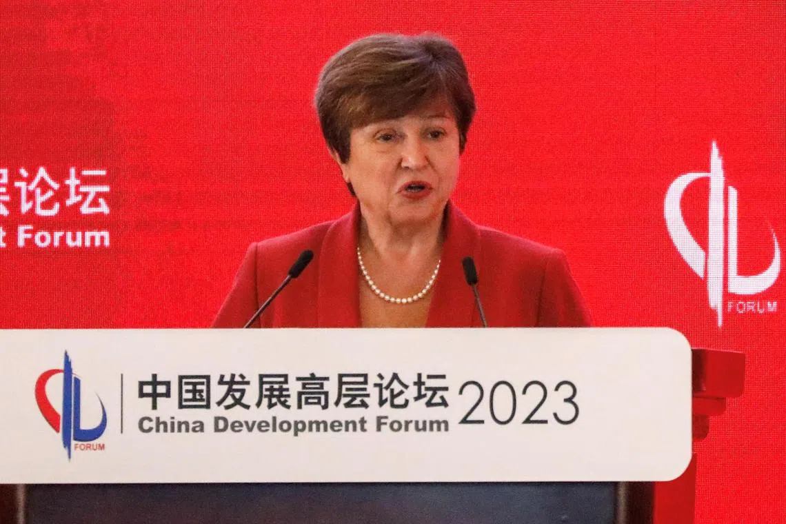 International Monetary Fund (IMF) managing director Kristalina Georgieva speaks at the China Development Forum on Sunday. 
