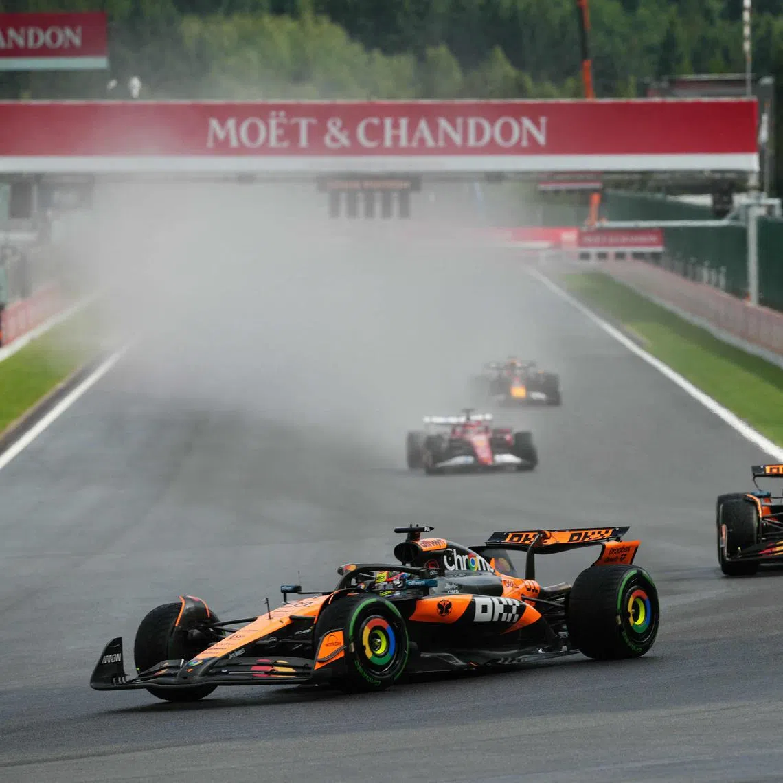 McLaren's Oscar Piastri drives ahead of teammate Lando Norris during the Formula One Belgian Grand Prix at the Spa-Francorchamps circuit.