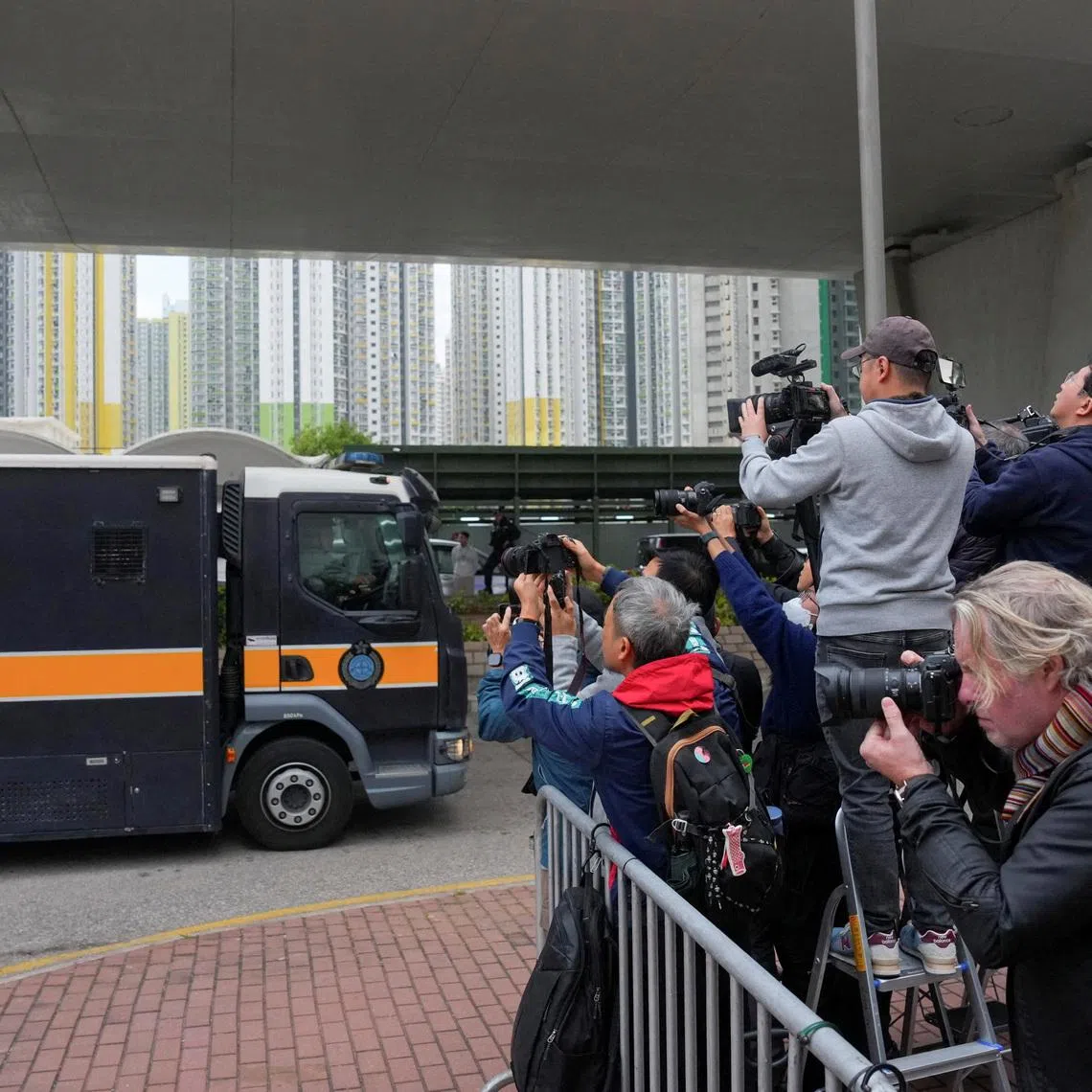A prison van believed to be carrying Jimmy Lai arrives at the West Kowloon Magistrates' Courts building for the mitigation in the national security collusion trial of Jimmy Lai, founder of the now-defunct pro-democracy newspaper Apple Daily, in Hong Kong, China, January 12, 2026. REUTERS/Lam Yik/File Photo