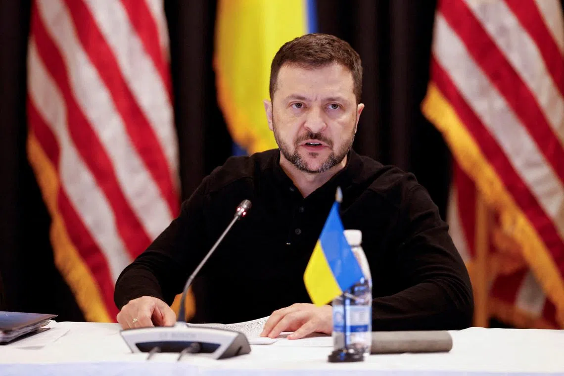 Ukrainian President Volodymyr Zelenskiy attends a meeting of the Ukraine Defence Contact Group at the Ramstein Air Base in Germany, September 6, 2024. REUTERS/Heiko Becker