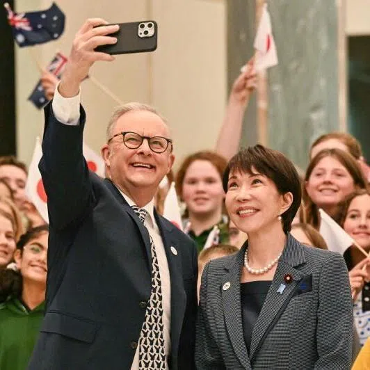 Australia’s Prime Minister Anthony Albanese (centre, left) and Japan’s Prime Minister Sanae Takaichi during a welcome ceremony at Parliament House in Canberra on May 4.