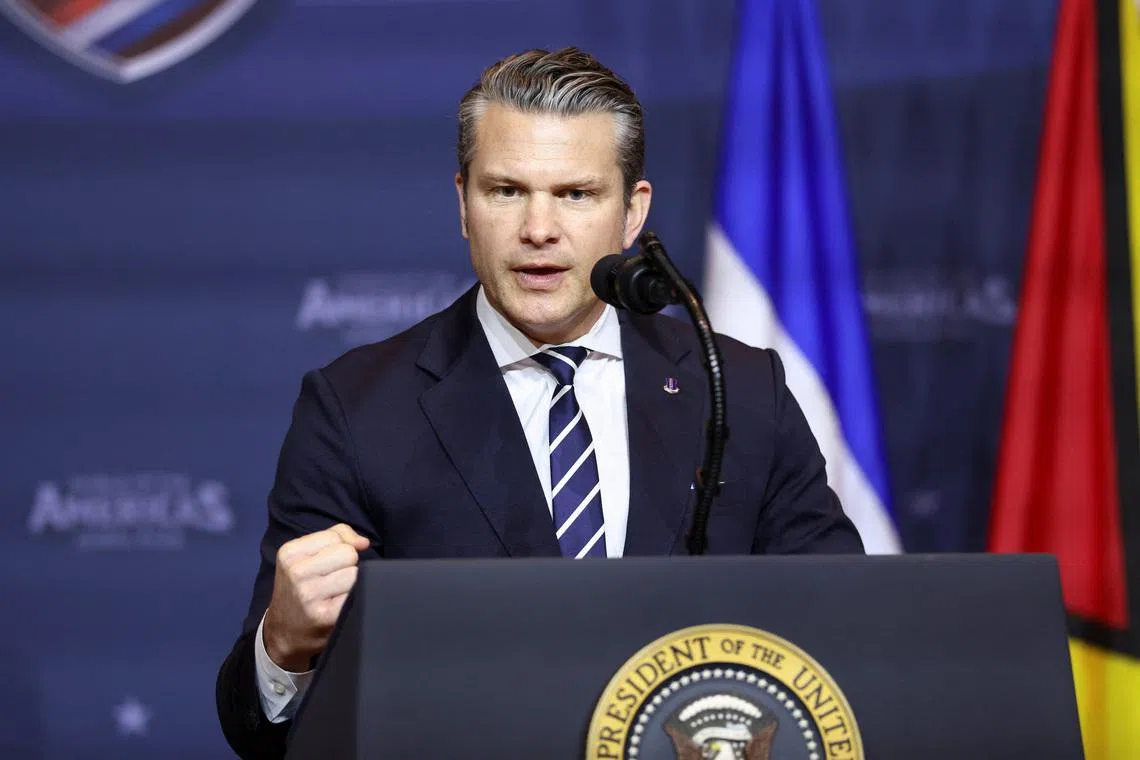U.S. Secretary of Defense Pete Hegseth speaks at the \"Shield of the Americas\" Summit in Miami, Florida, U.S., March 7, 2026. REUTERS/Kevin Lamarque