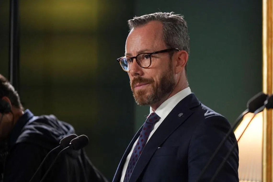 FILE PHOTO: Danish Economy Minister Jakob Ellemann-Jensen speaks during a news conference in the Finance Ministry in Copenhagen, Denmark, August 31, 2023. REUTERS/Tom Little/File Photo