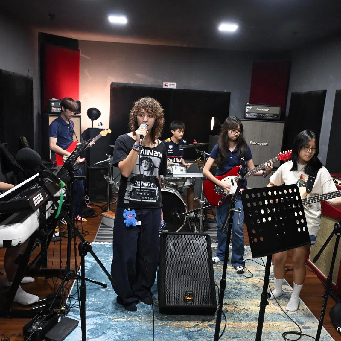 (From left) Keyboardist Ethan Lim, guitarist Jordon Ong, vocalist Vanessa Boswell, drummer Joshua Chia, guitarist Joelle Ong and bassist Megan Wee from student band Ducking Ducks.