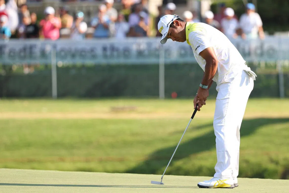 MEMPHIS, TENNESSEE - AUGUST 18: Hideki Matsuyama of Japan putts on the 18th green during the final round of the FedEx St. Jude Championship at TPC Southwind on August 18, 2024 in Memphis, Tennessee.   Mike Mulholland/Getty Images/AFP (Photo by Mike Mulholland / GETTY IMAGES NORTH AMERICA / Getty Images via AFP)