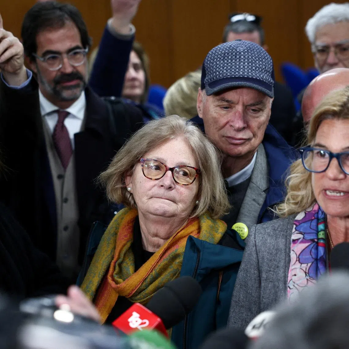 Italian student Giulio Regeni's parents Claudio and Paola Regeni look on as lawyer Alessandra Ballerini speaks to the media on the day of a trial in absentia of four senior members of Egyptian security services over their suspected role in the disappearance and murder of Italian student Giulio Regeni in Cairo in 2016, in Rome, Italy, February 20, 2024. REUTERS/Guglielmo Mangiapane