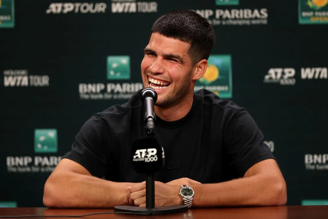 Carlos Alcaraz fields questions from the media during the BNP Paribas Open at Indian Wells Tennis Garden.