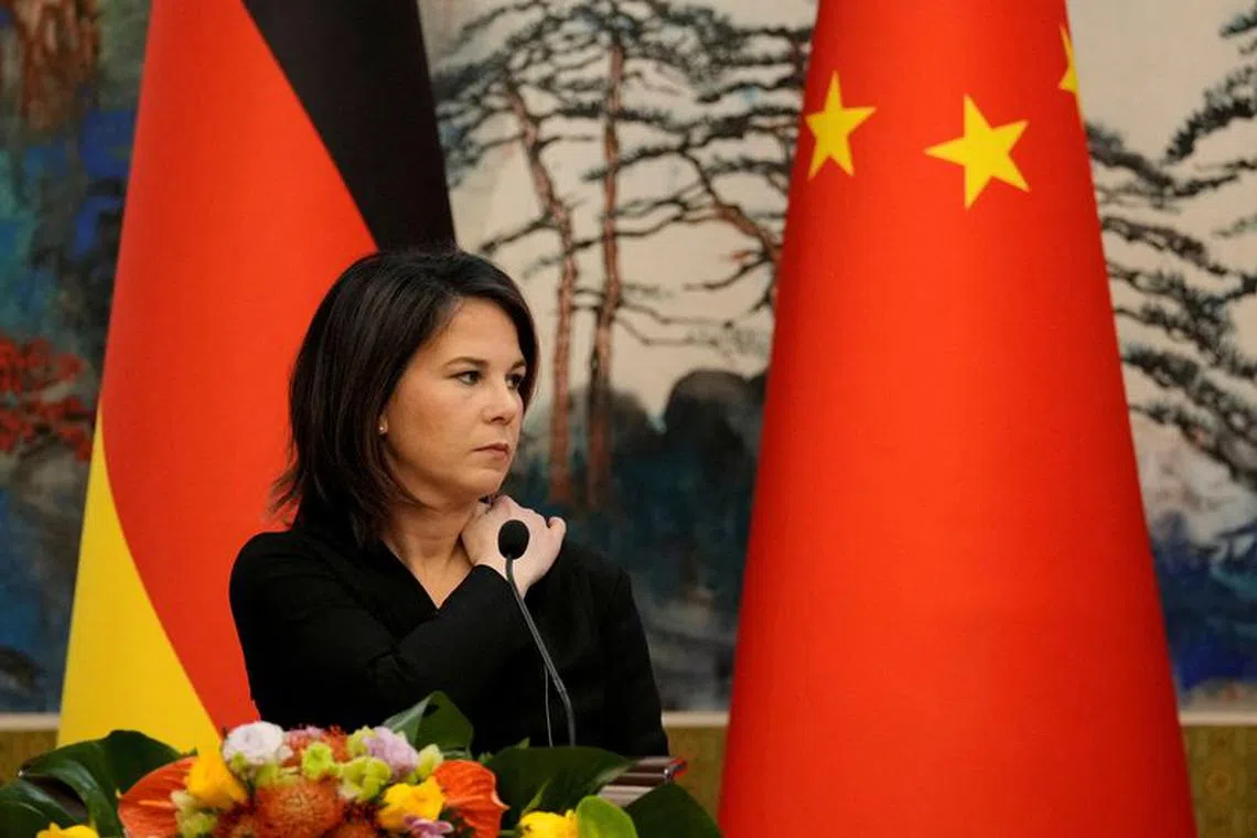 FILE PHOTO: FILE PHOTO: German Foreign Minister Annalena Baerbock attends a joint press conference with Chinese Foreign Minister Qin Gang (not pictured) at the Diaoyutai State Guesthouse in Beijing, China, April 14, 2023. Suo Takekuma/Pool via REUTERS/File Photo