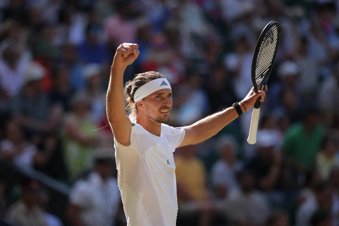 Tennis - Wimbledon - All England Lawn Tennis and Croquet Club, London, Britain - July 7, 2026 Germany's Alexander Zverev celebrates after winning his fourth round match against Czech Republic's Jiri Lehecka REUTERS/Marko Djurica