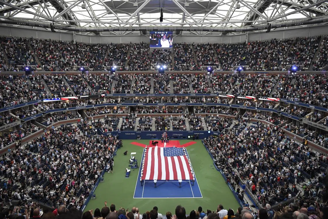 FILE PHOTO: Sep 8, 2018; New York, NY, USA; A general view of Arthur Ashe Stadium during the national anthem prior to the match between Serena Williams of the United States and Naomi Osaka of Japan (both not pictured) in the women's final on day thirteen of the 2018 U.S. Open tennis tournament at USTA Billie Jean King National Tennis Center. Danielle Parhizkaran-USA TODAY Sports/ File Photo