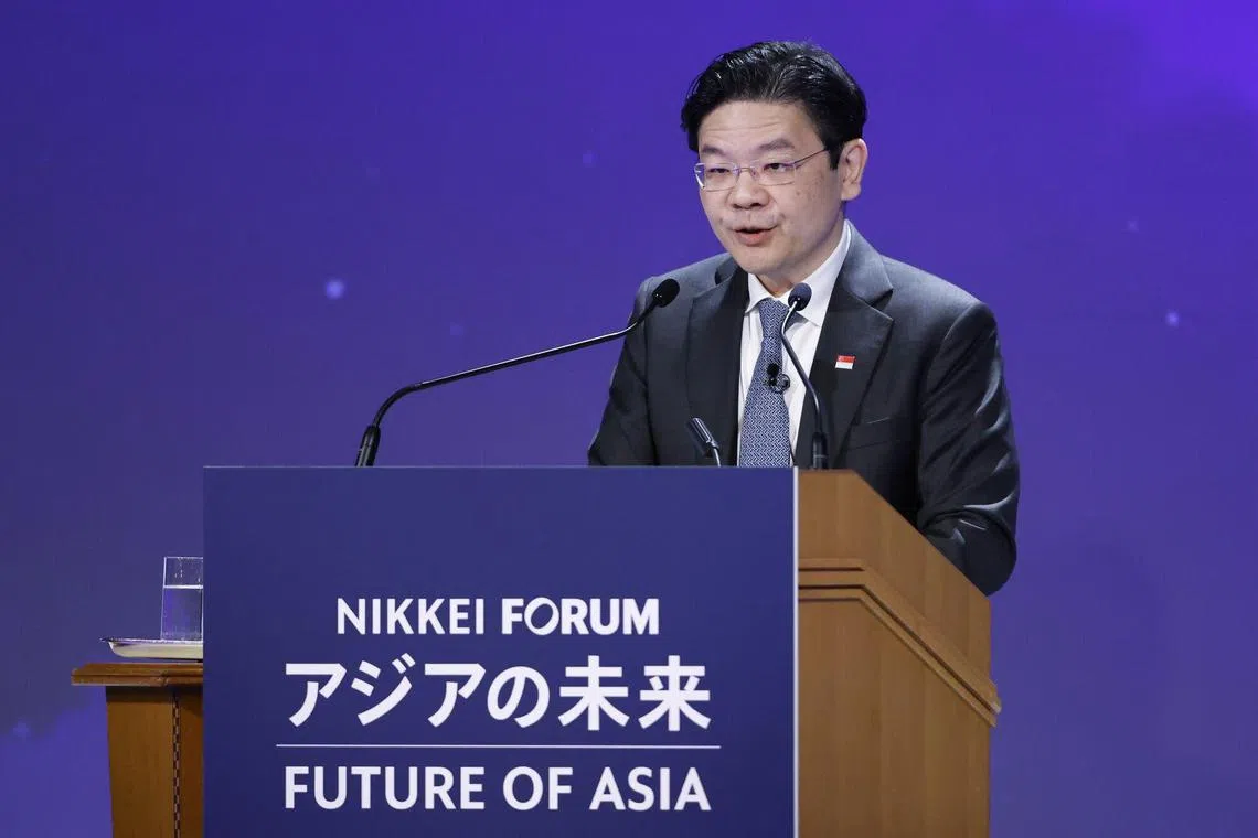 Singapore's deputy prime minister Lawrence Wong speaks at the Nikkei Forum Future of Asia in Tokyo on May 25, 2023.