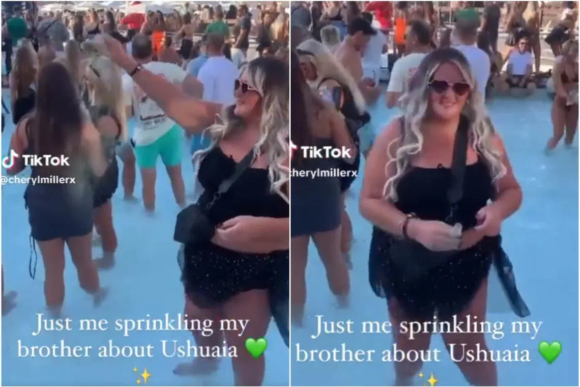 In the video, the woman is seen dancing along to the music in the background as she scatters what appears to be grey dust into the pool.