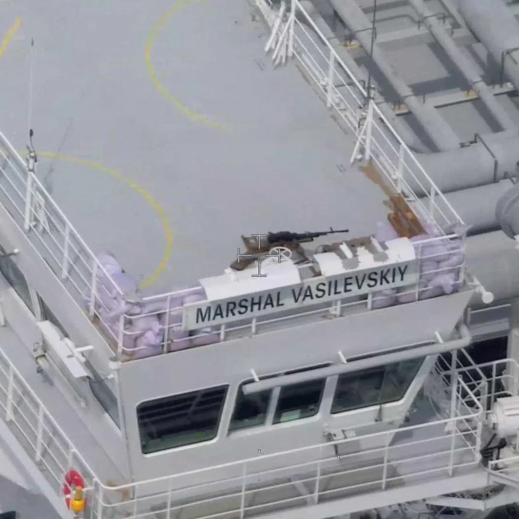 A machine gun on a sandbag-protected post on the civilian Russian-flagged LNG tanker Marshal Vasilevskiy in this undated handout picture, which Estonia's Police and Border Guard said was taken as the vessel was in Estonia's vicinity this spring.   ESTONIAN POLICE AND BORDERGUARD/Handout via REUTERS
