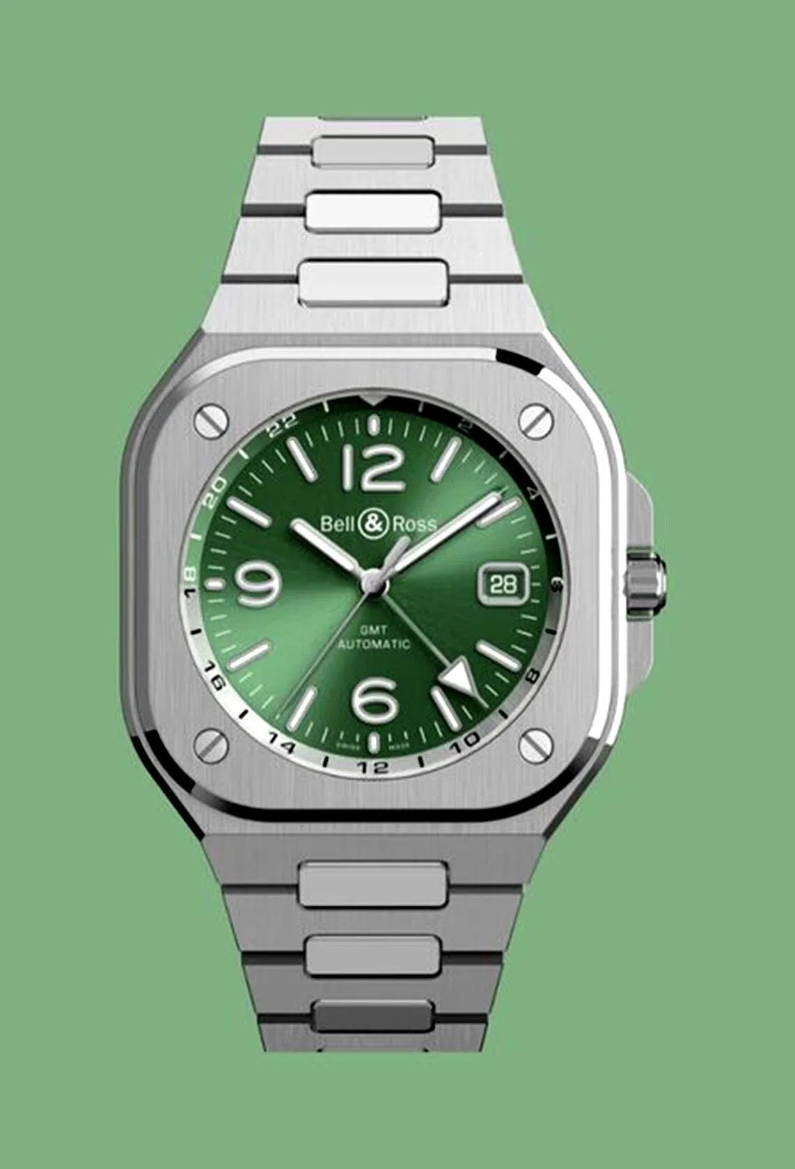 The BR-05 GMT Green Steel has a dial with a striking sage green hue, achieved through a meticulous three-step sunray brushing and varnishing process