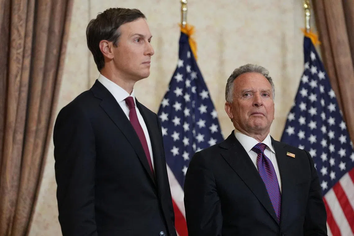 Jared Kushner and Steve Witkoff, Special Envoy for Peace Missions listen as Vice President JD Vance speaks during a news conference after meeting with representatives from Pakistan and Iran, Sunday, April 12, 2026, in Islamabad, Pakistan. Jacquelyn Martin/Pool via REUTERS