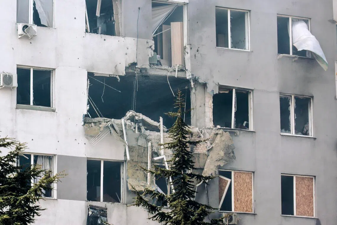 The site of a Russian strike on a nine-storey residential building in Odesa, Ukraine, on April 16. 