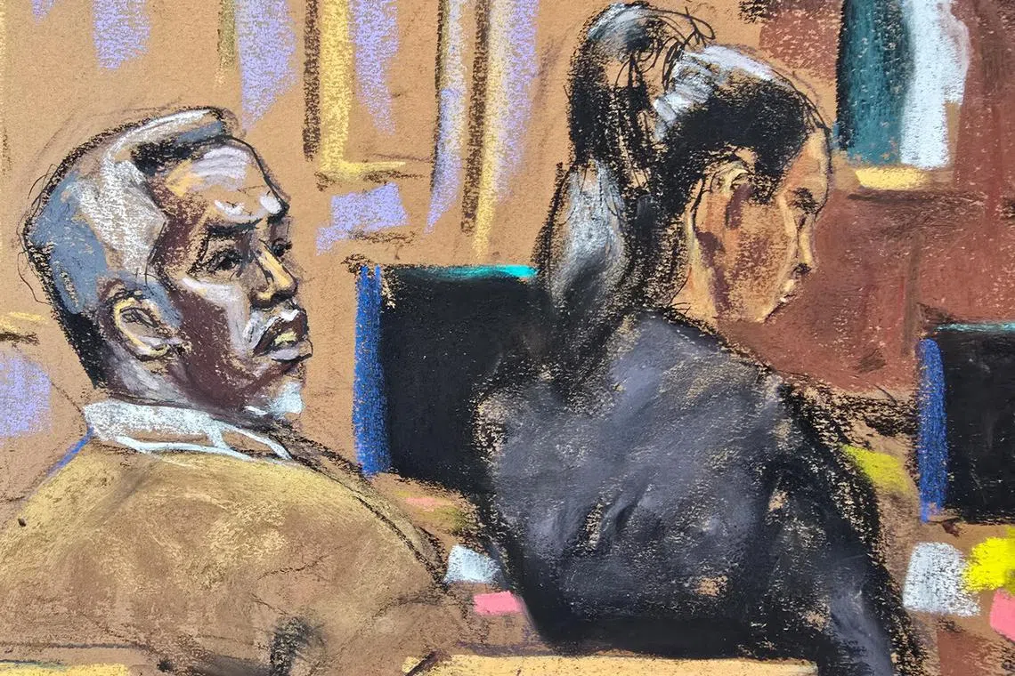Sean "Diddy" Combs listening on June 13, in a courtroom sketch, as lawyer Marc Agnifilo makes arguments.