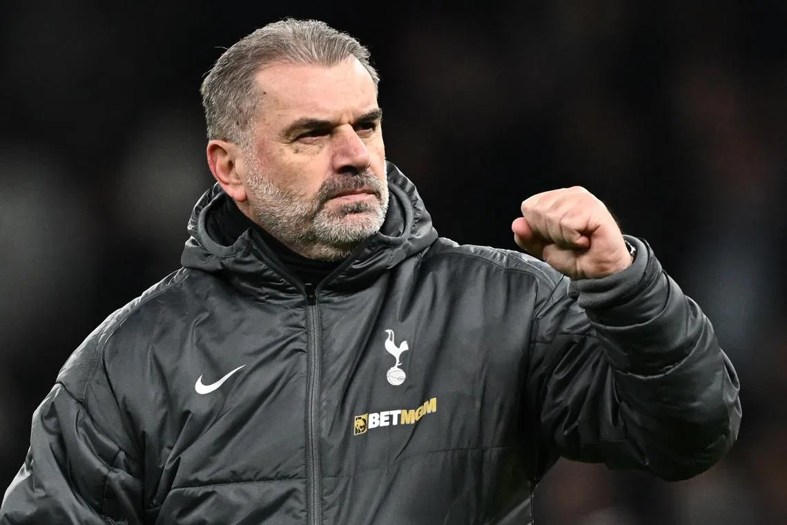 FILE PHOTO: Soccer Football - Carabao Cup - Semi Final - First Leg - Tottenham Hotspur v Liverpool - Tottenham Hotspur Stadium, London, Britain - January 8, 2025  Tottenham Hotspur manager Ange Postecoglou celebrates after the match REUTERS/Dylan Martinez/File Photo