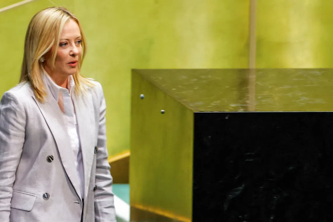 FILE PHOTO: Italy's Prime Minister Giorgia Meloni arrives to address the 80th United Nations General Assembly at U.N. headquarters in New York, U.S., September 24, 2025. REUTERS/Eduardo Munoz/File Photo