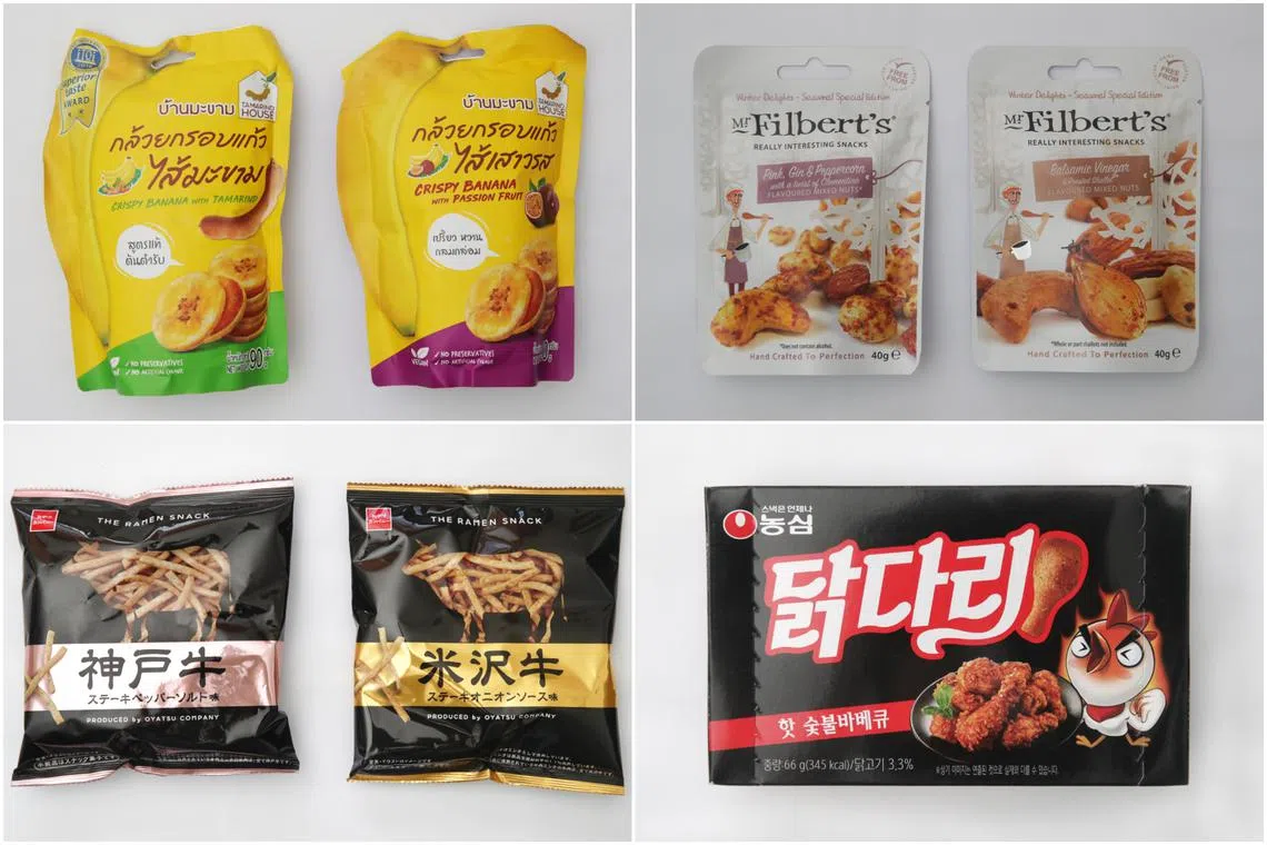 (Clockwise from top left) Tamarind House Crispy Banana, Mr Filbert's Really Interesting Snacks, Nongshim Chicken Leg Snack, and Oyatsu The Ramen Snack.