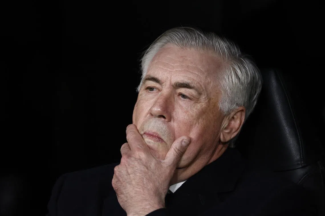 Soccer Football - Champions League - Quarter Final - Second Leg - Real Madrid v Arsenal - Santiago Bernabeu, Madrid, Spain - April 16, 2025 Real Madrid coach Carlo Ancelotti reacts before the match REUTERS/Juan Medina