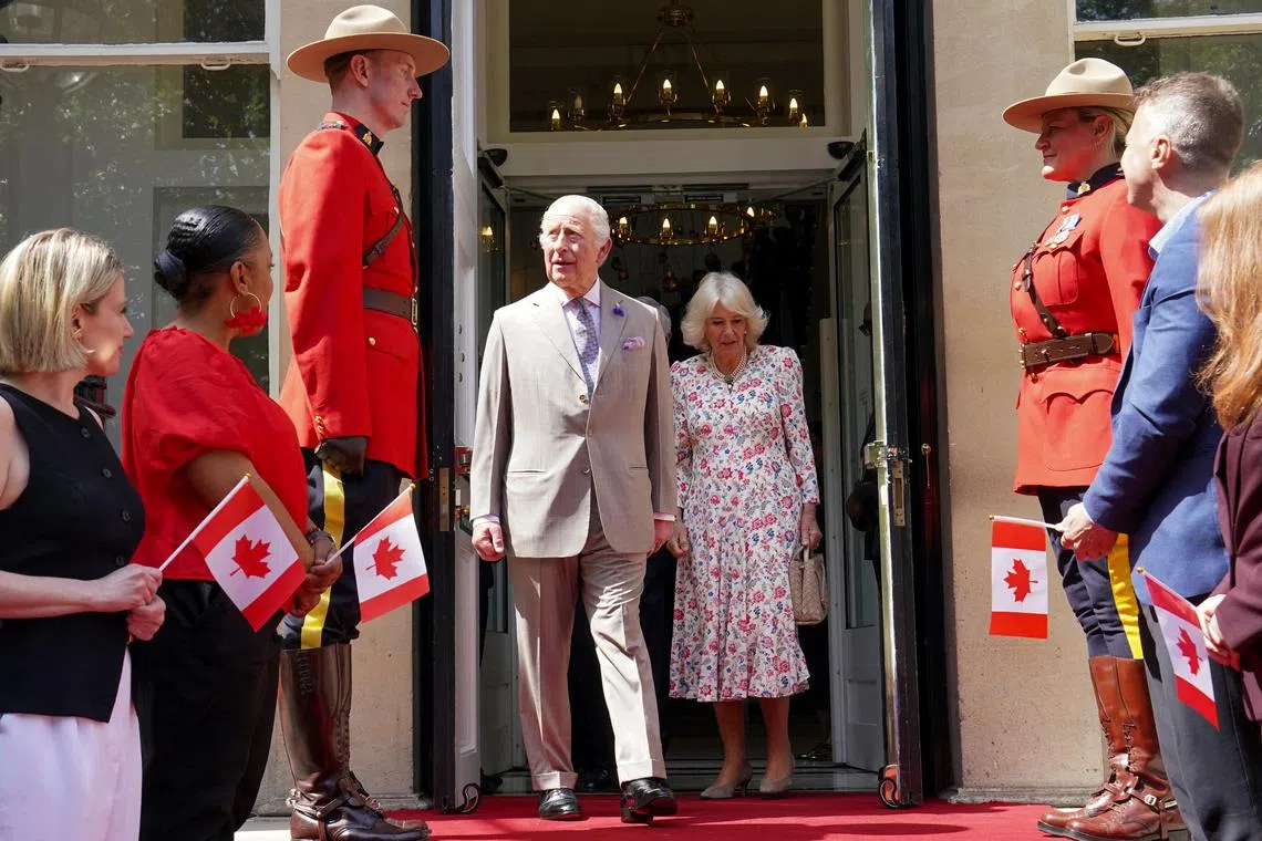 Britain's King Charles and Queen Camilla, visits Canada House, Trafalgar Square, to mark 100 years since it opened in June 1925, in London, Britain May 20, 2025. Arthur Edwards/Pool via REUTERS