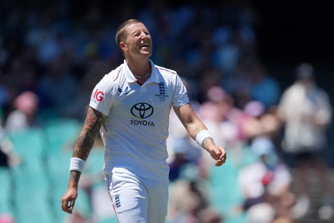 FILE PHOTO: Cricket - The Ashes - Australia v England - Fifth Test - Sydney Cricket Ground, Sydney, Australia - January 8, 2026 England's Brydon Carse reacts after bowling to Australia's Jake Weatherald REUTERS/Asanka Brendon Ratnayake/File Photo