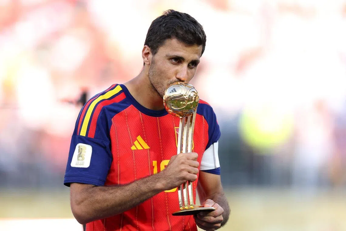 Spain’s Rodri is presented with the Golden Ball award after his team beat Argentina 1-0 in the World Cup final at the MetLife Stadium in New Jersey on July 19.