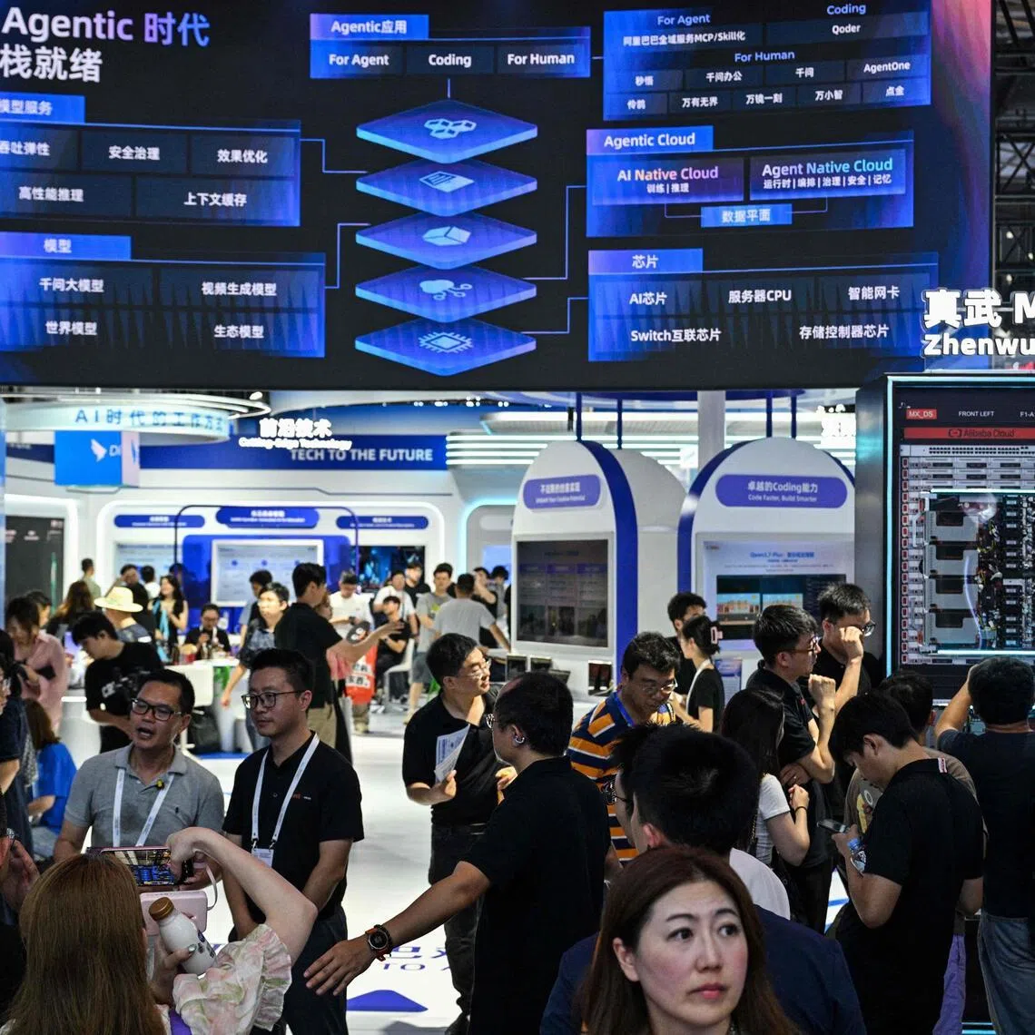 People visiting the Alibaba booth during the World Artificial Intelligence Conference in Shanghai on July 18.