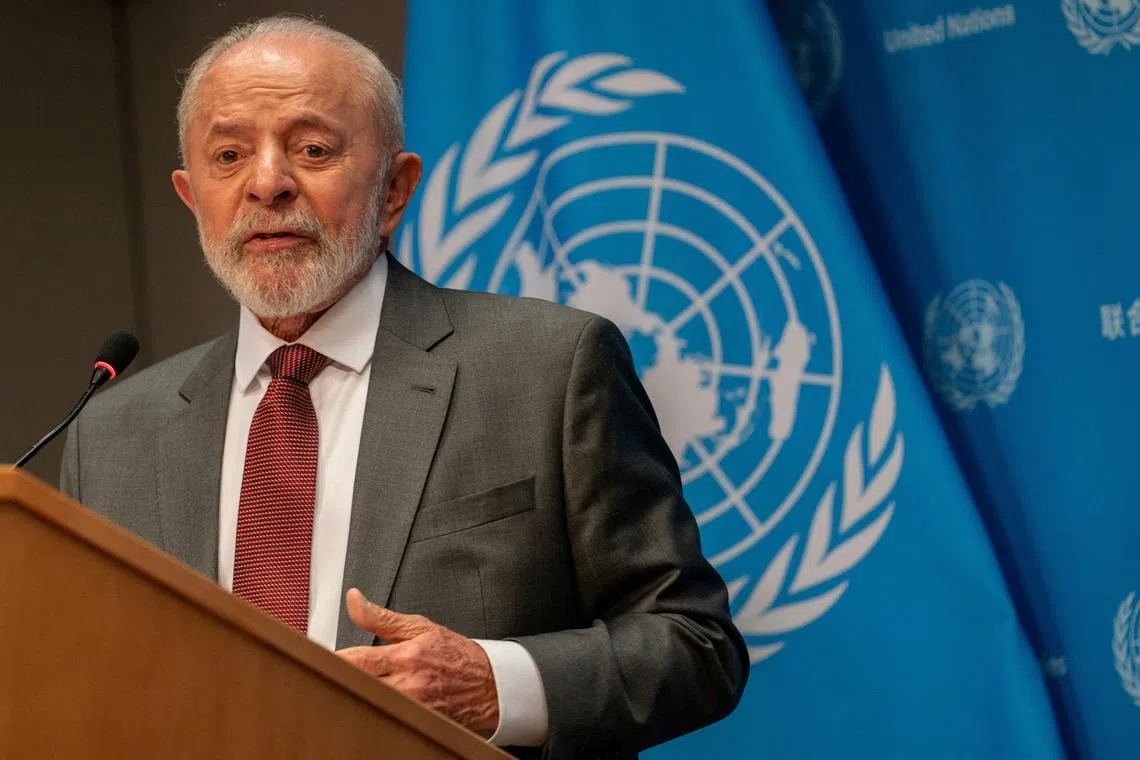 FILE PHOTO: Brazil's President Luiz Inacio Lula da Silva speaks during a press conference at the U.N. headquarters in New York City, U.S., September 25, 2024. REUTERS/David Dee Delgado/File Photo