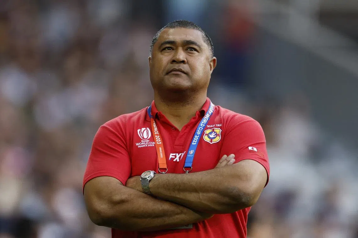 FILE PHOTO: Rugby Union - Rugby World Cup 2023 - Pool B - Tonga v Romania - Stade Pierre-Mauroy, Villeneuve-d'Ascq, France - October 8, 2023  Tonga head coach Toutai Kefu looks on during the warm up before the match REUTERS/Gonzalo Fuentes/File Photo