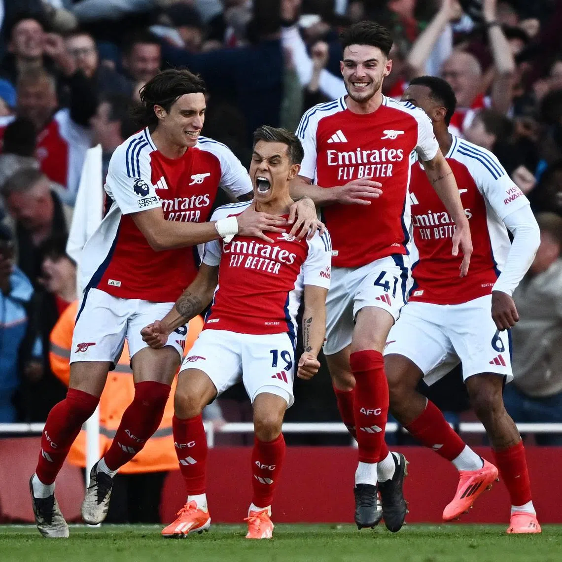Arsenal forward Leandro Trossard wheeling away in joy after his goal in injury time sends his team towards a 4-2 victory over Leicester City in the English Premier League at the Emirates on Sept 28. 