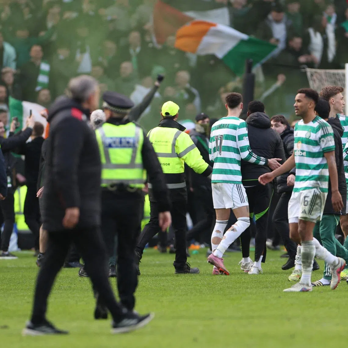 Soccer Football - Scottish League Cup - Quarter Final - Rangers v Celtic - Ibrox, Glasgow, Scotland, Britain - March 8, 2026 Celtic's Auston Trusty celebrates after the match REUTERS/Russell Cheyne
