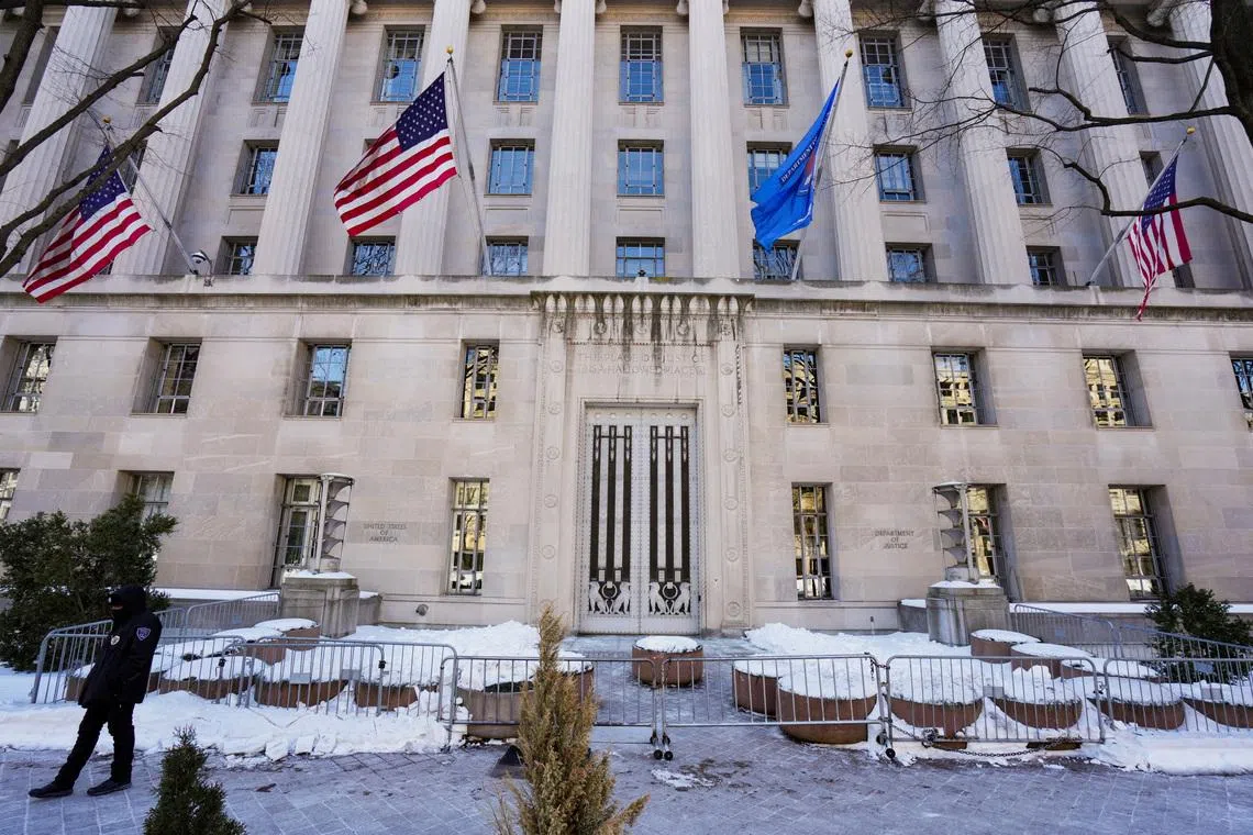 FILE PHOTO: A view of the U.S. Department of Justice in Washington, D.C., U.S., February 1, 2026. REUTERS/Ken Cedeno/File Photo
