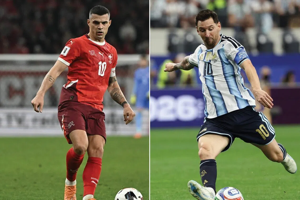 Switzerland’s midfielder Granit Xhaka (left) on Nov 15, 2025 and Argentina’s forward Lionel Messi on June 22. Argentina and Switzerland will meet in a quarter-final match on July 11.