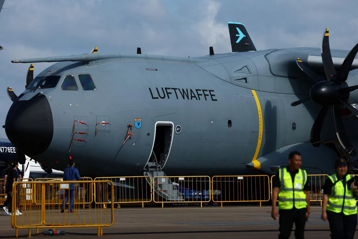 The German Air Force's Airbus A400M was among 38 aircraft on display at the air show on Feb 24 and 25.