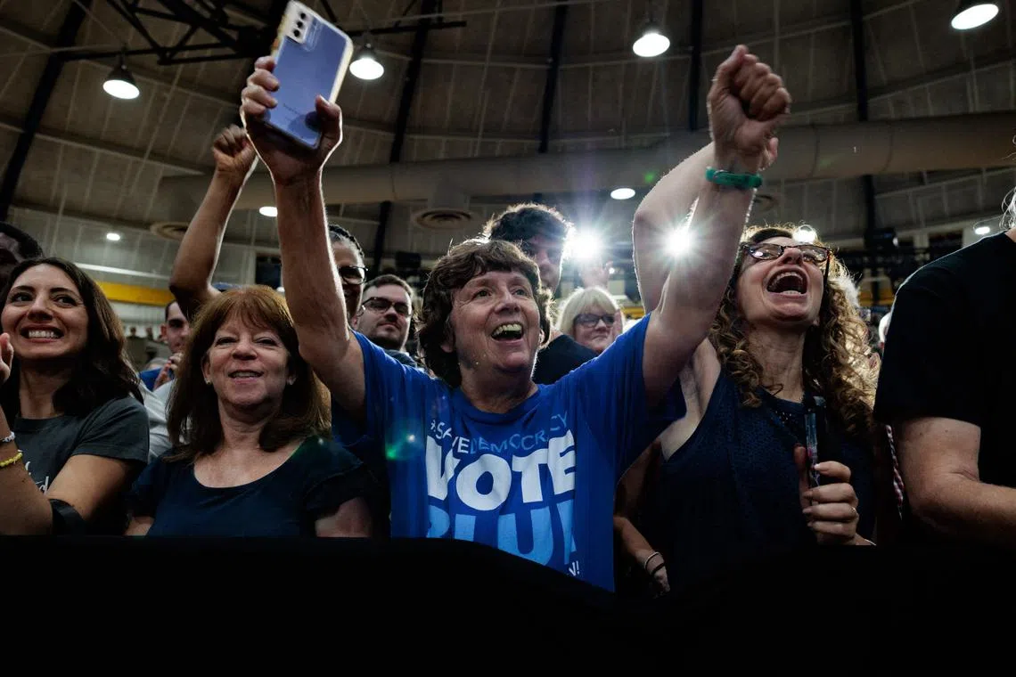 Supporters  cheer during a campaign rally for Vice-President Kamala Harris on July 29 in Ambler, Pennsylvania.